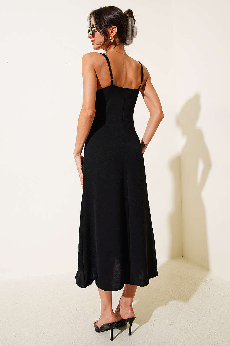 V-Neck Strappy Midi Dress - Black