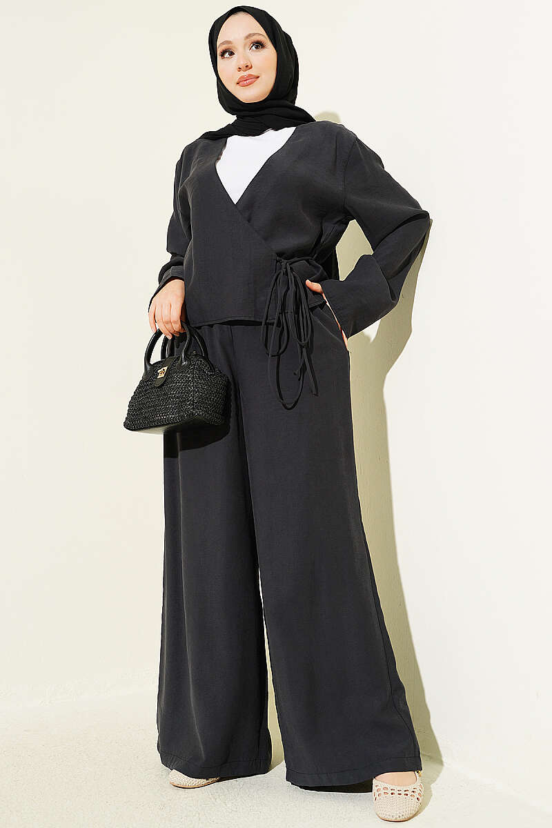V-Neck Tie Two-Piece Set - Charcoal