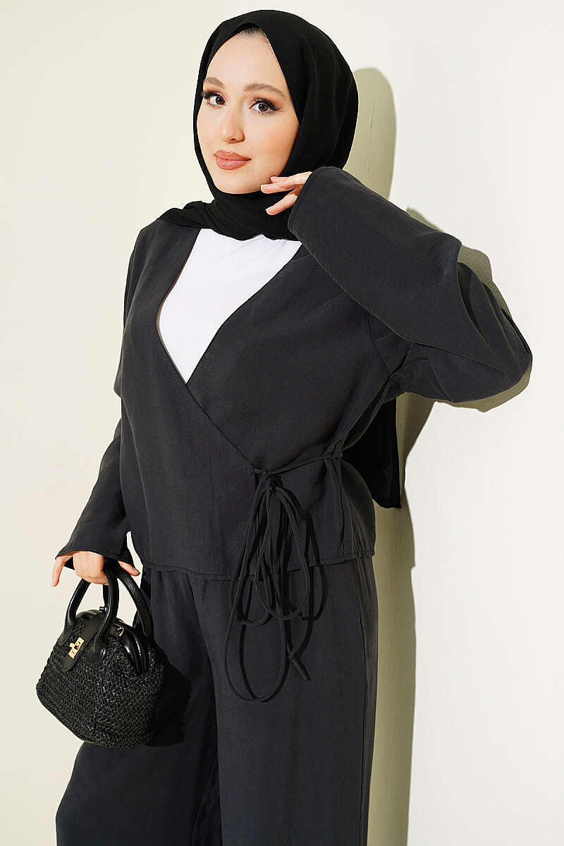 V-Neck Tie Two-Piece Set - Charcoal