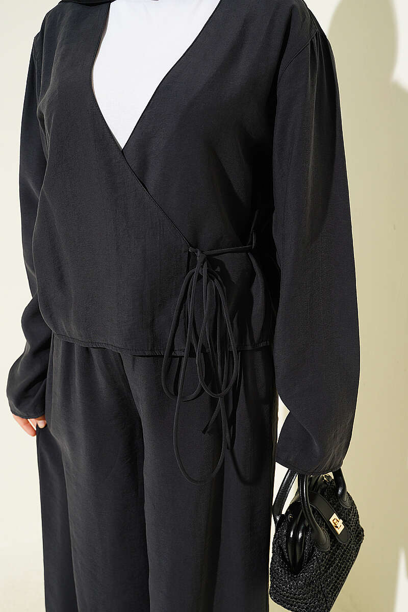 V-Neck Tie Two-Piece Set - Charcoal