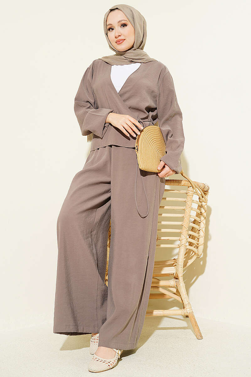 V-Neck Tie Two-Piece Set - Mink