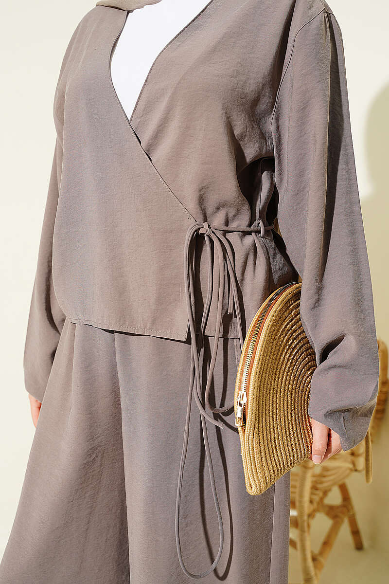 V-Neck Tie Two-Piece Set - Mink