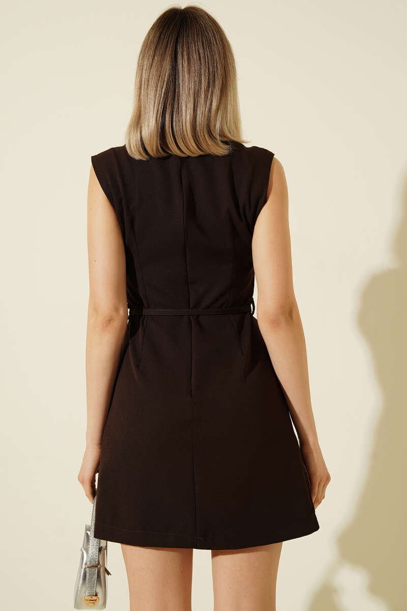 V-Neck Mini Dress with Tie Belt - Brown
