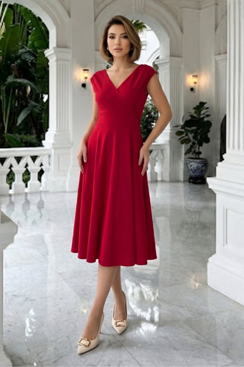 V-Neck Crepe Dress - Red