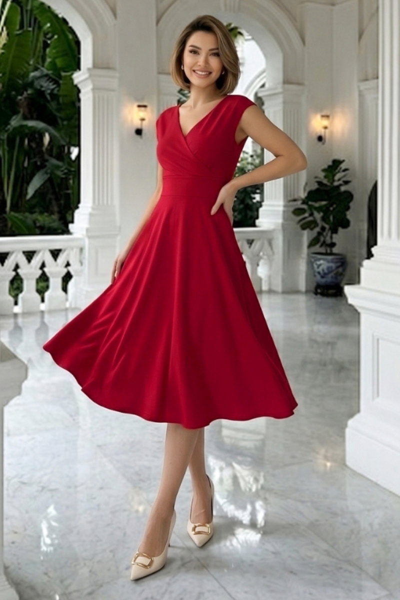 V-Neck Crepe Dress - Red