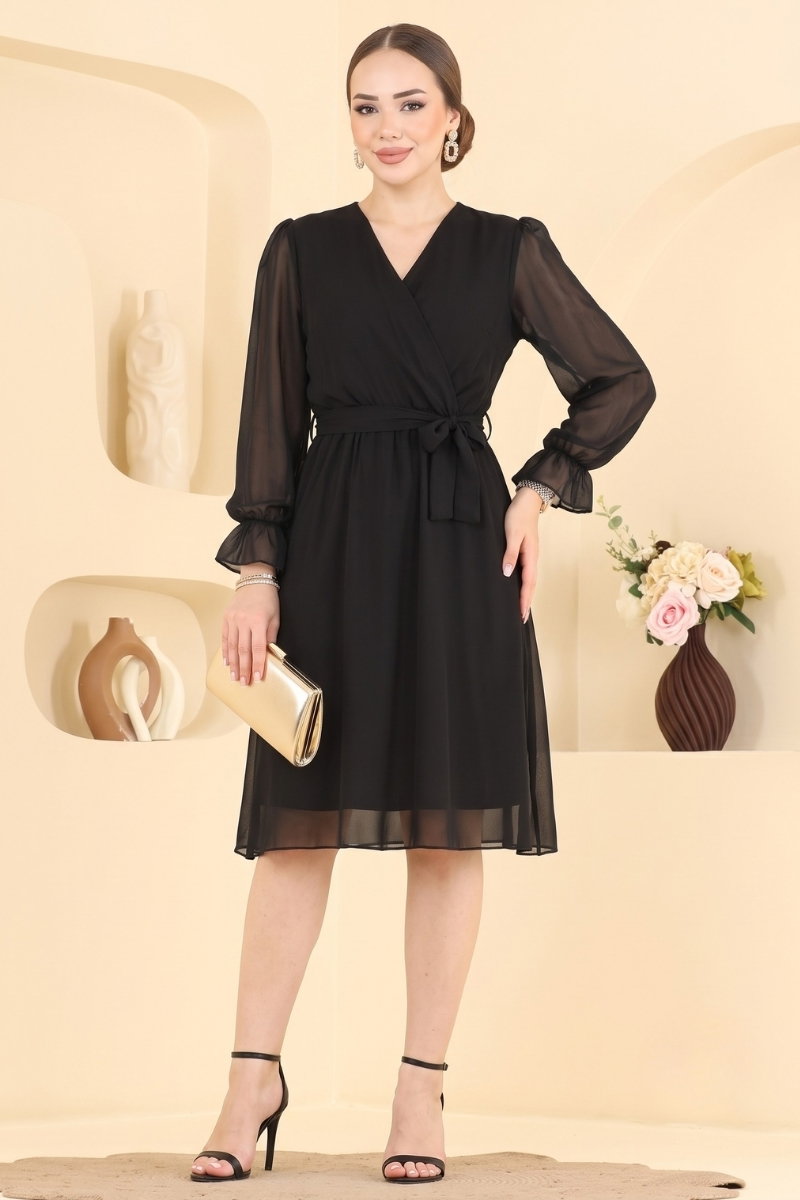 V-Neck Chiffon Midi Dress - Black