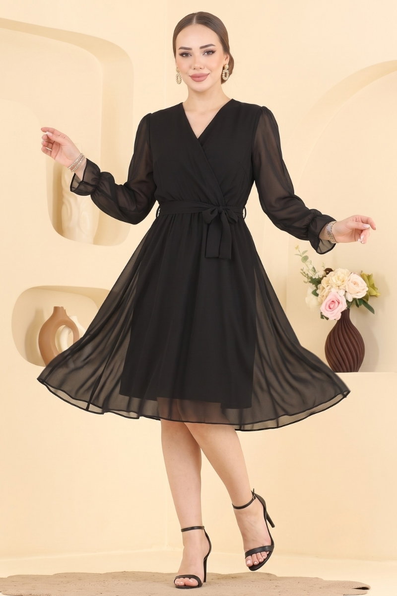 V-Neck Chiffon Midi Dress - Black