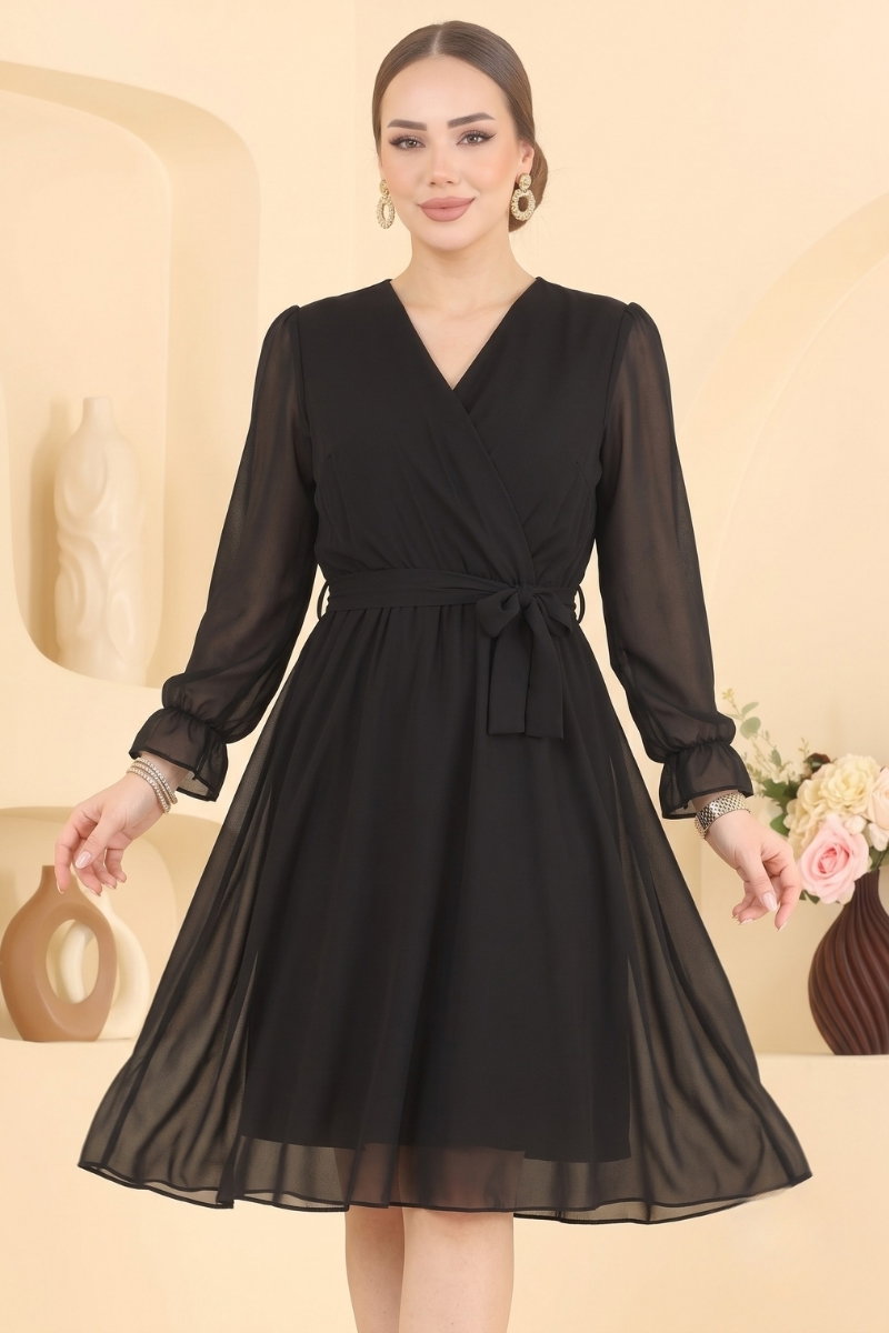 V-Neck Chiffon Midi Dress - Black