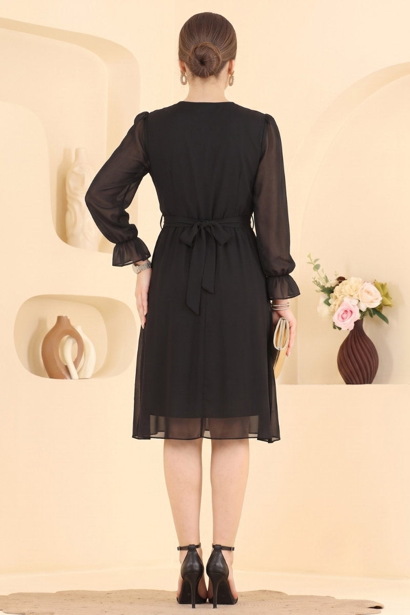 V-Neck Chiffon Midi Dress - Black