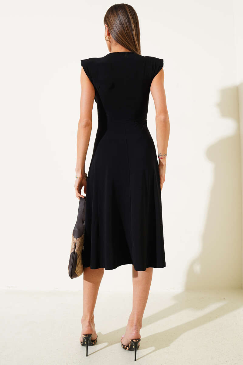 V-Neck Sandy Midi Dress with Shoulder Pads - Black