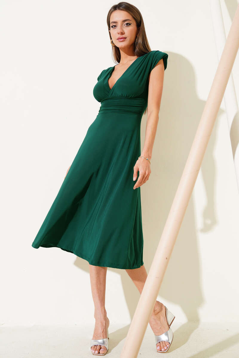 V-Neck Sandy Midi Dress with Shoulder Pads - Emerald