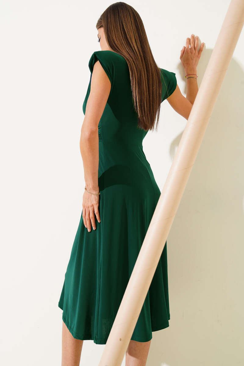 V-Neck Sandy Midi Dress with Shoulder Pads - Emerald