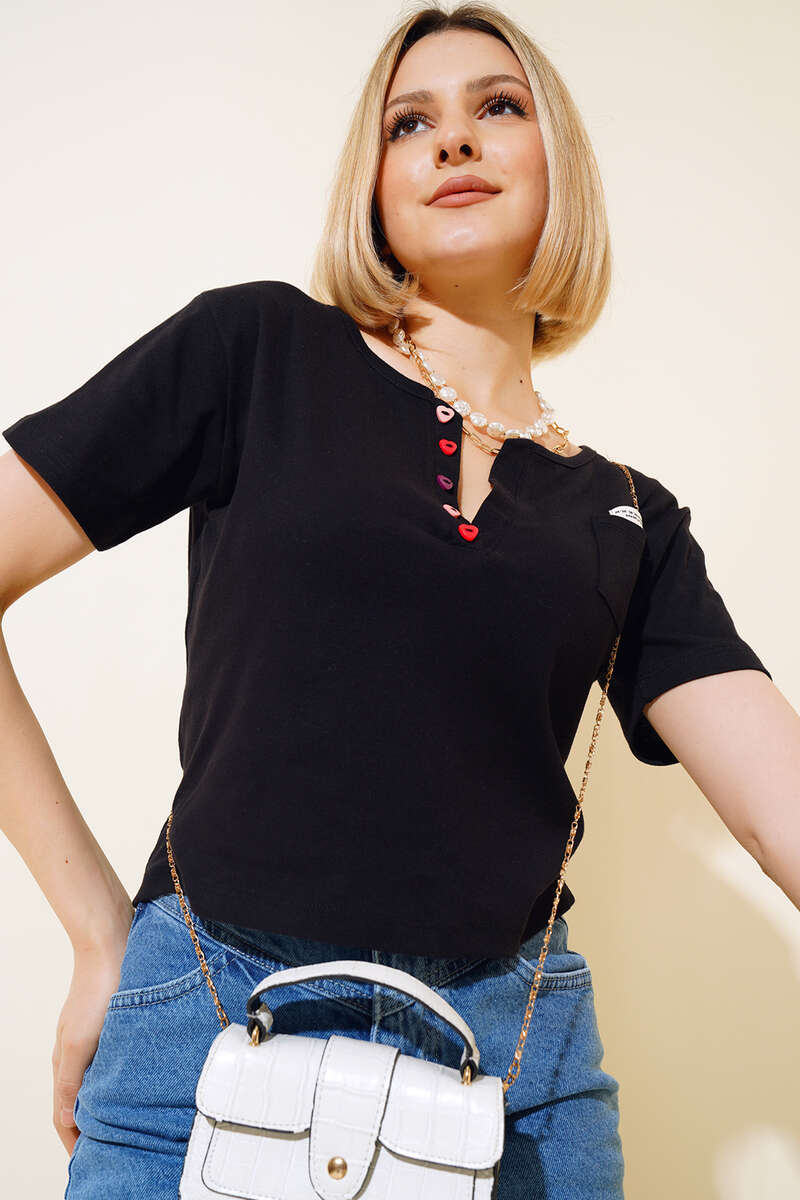V-Neck Blouse with Coloured Buttons - Black