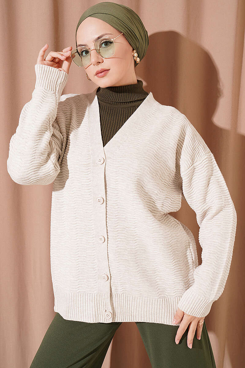 Oversized V-Neck Ribbed Knit Cardigan - Beige