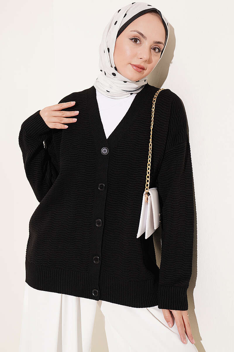 Oversized V-Neck Ribbed Knit Cardigan - Black