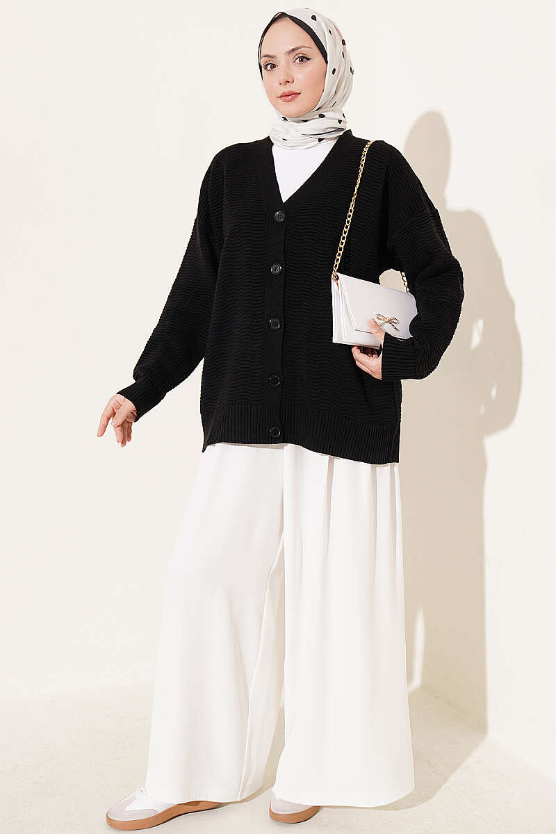 Oversized V-Neck Ribbed Knit Cardigan - Black