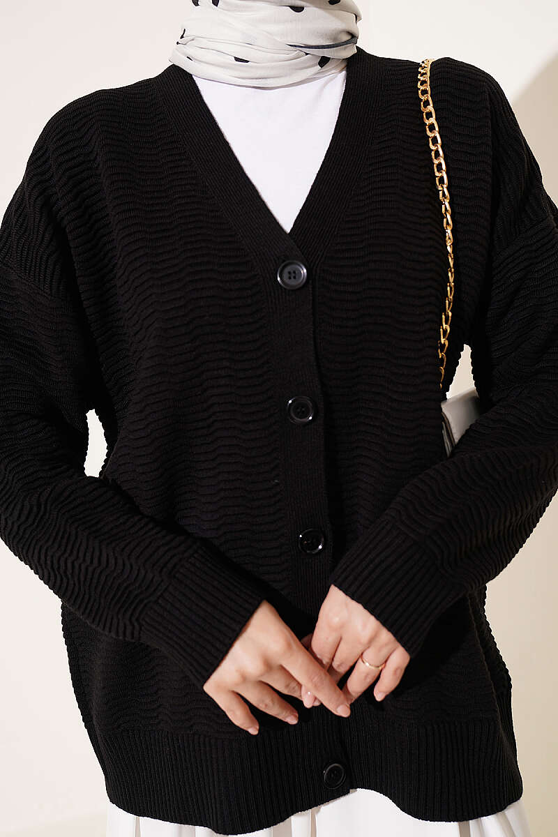 Oversized V-Neck Ribbed Knit Cardigan - Black