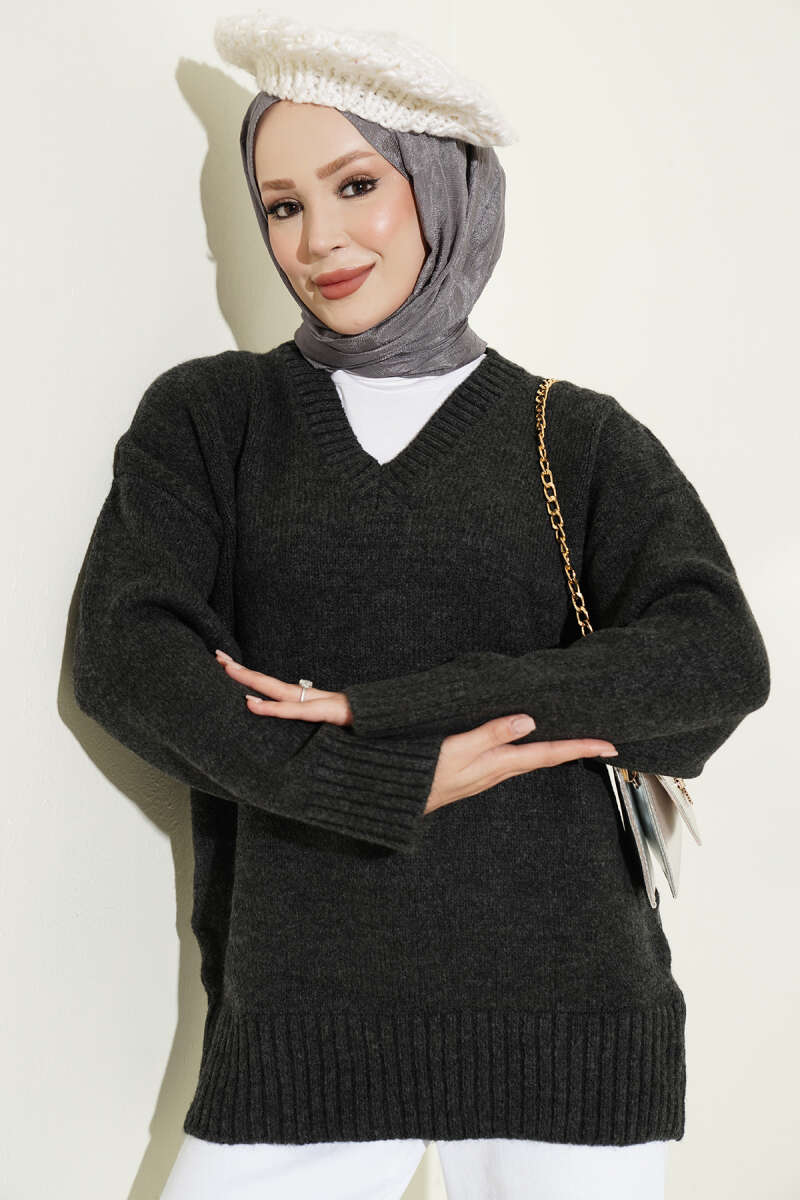 Ribbed V-Neck Knit Tunic - Charcoal
