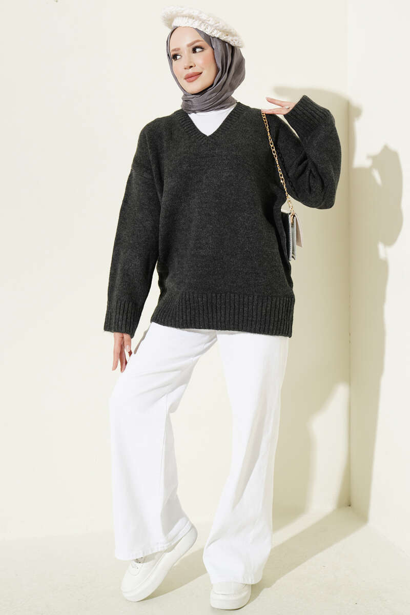 Ribbed V-Neck Knit Tunic - Charcoal