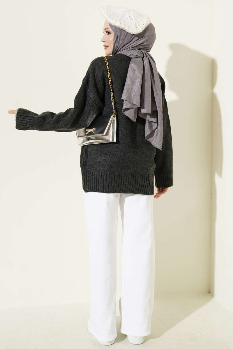 Ribbed V-Neck Knit Tunic - Charcoal