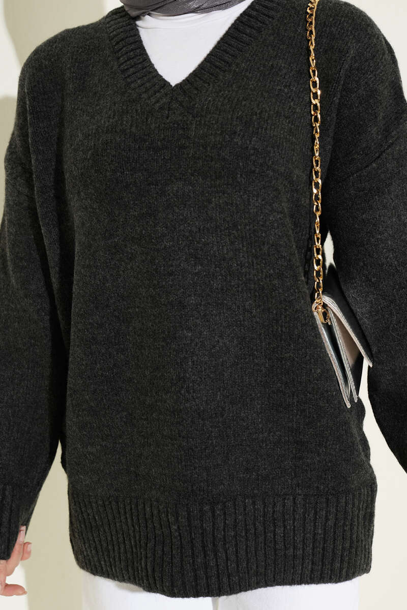 Ribbed V-Neck Knit Tunic - Charcoal