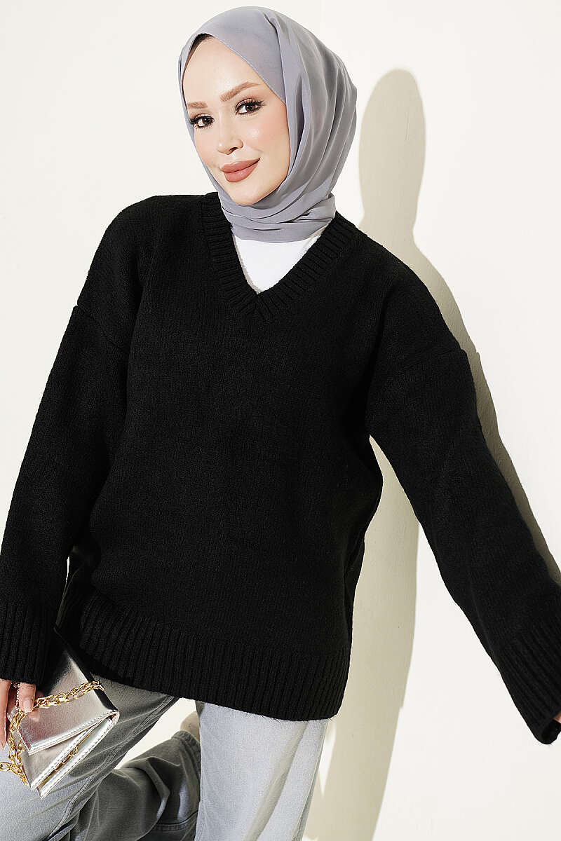 Ribbed V-Neck Knit Tunic - Black