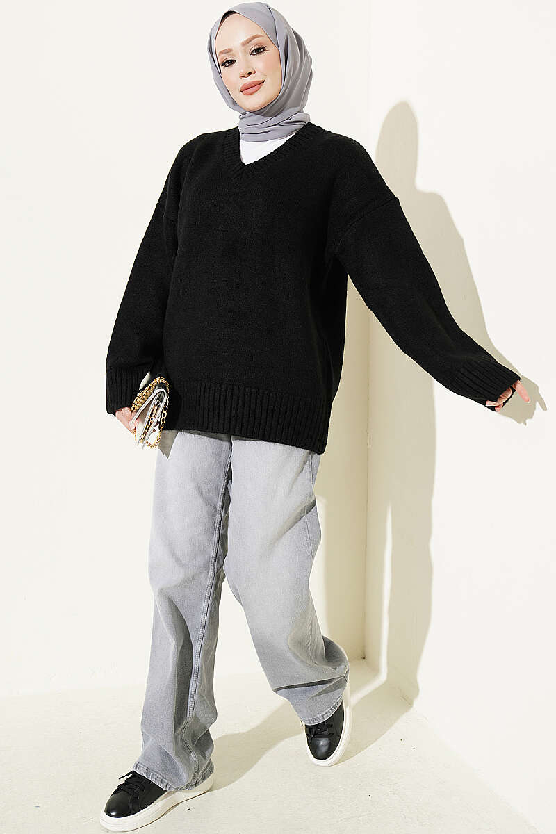 Ribbed V-Neck Knit Tunic - Black