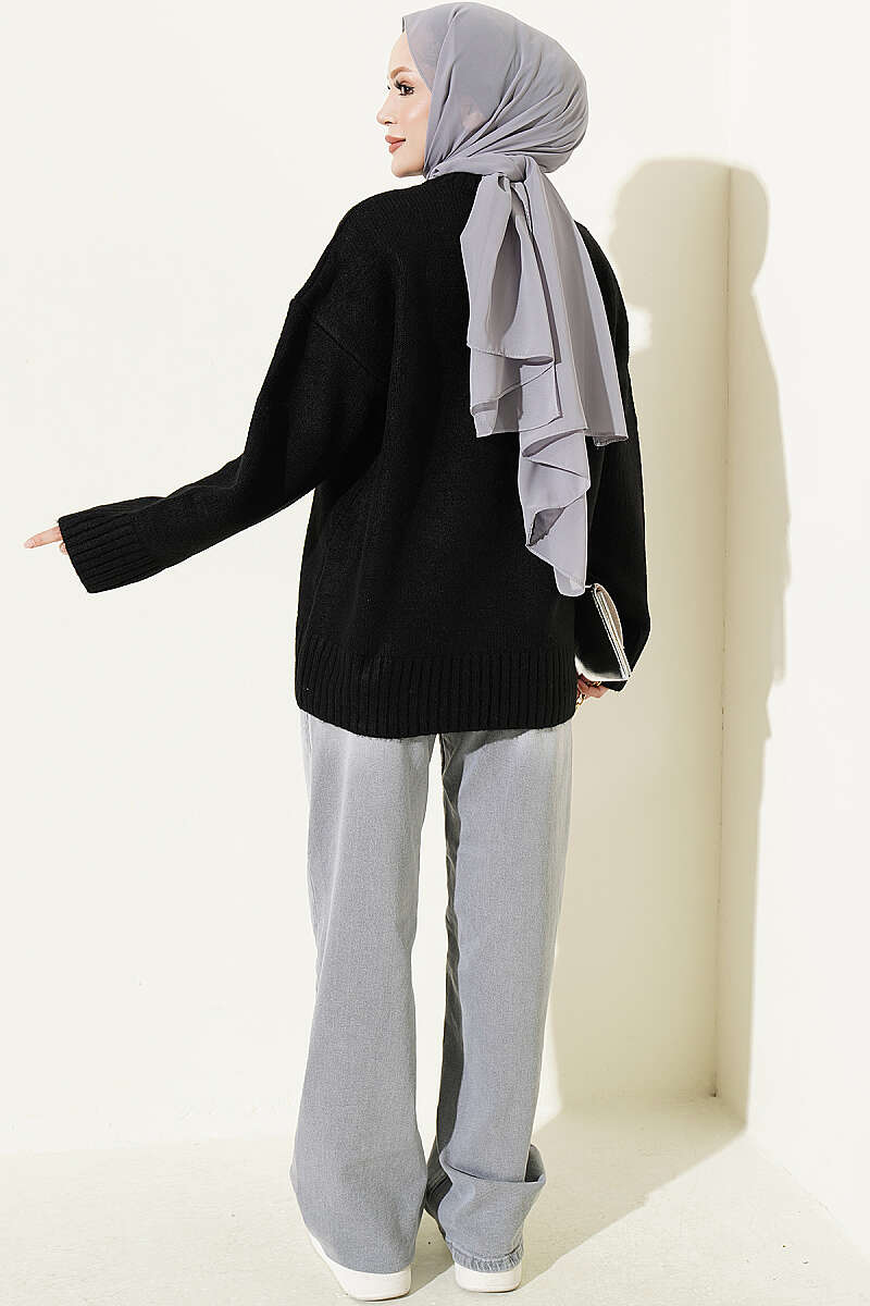 Ribbed V-Neck Knit Tunic - Black