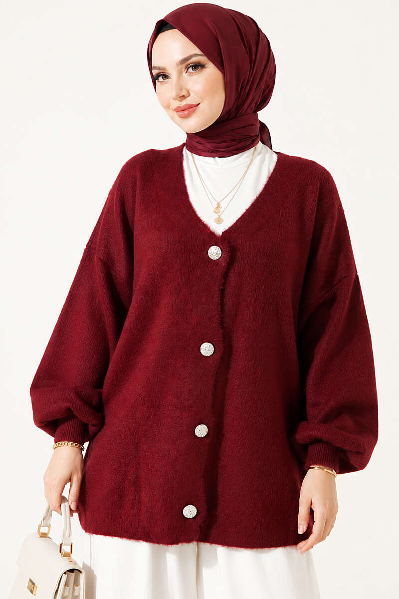 V-Neck Brushed Button Cardigan - Burgundy