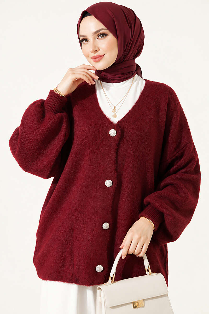 V-Neck Brushed Button Cardigan - Burgundy