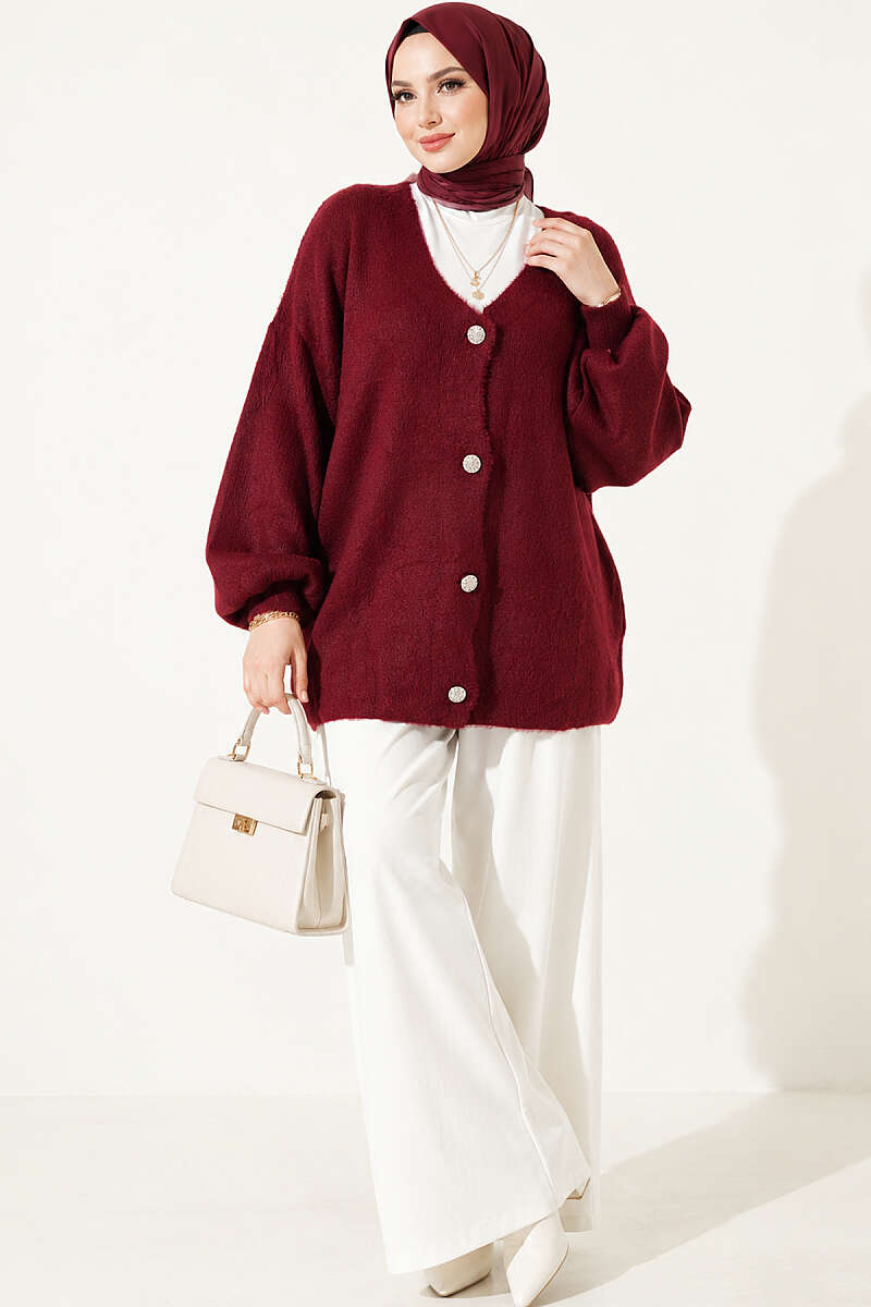 V-Neck Brushed Button Cardigan - Burgundy