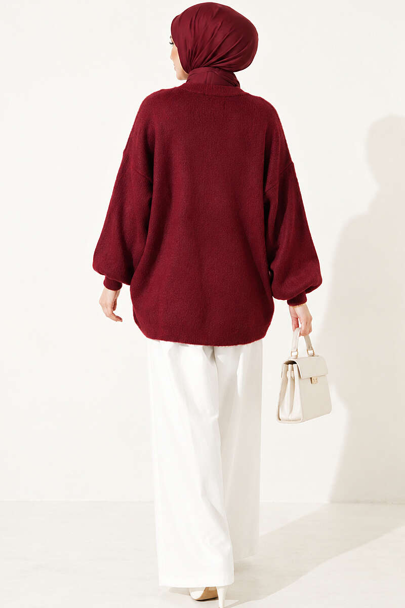 V-Neck Brushed Button Cardigan - Burgundy