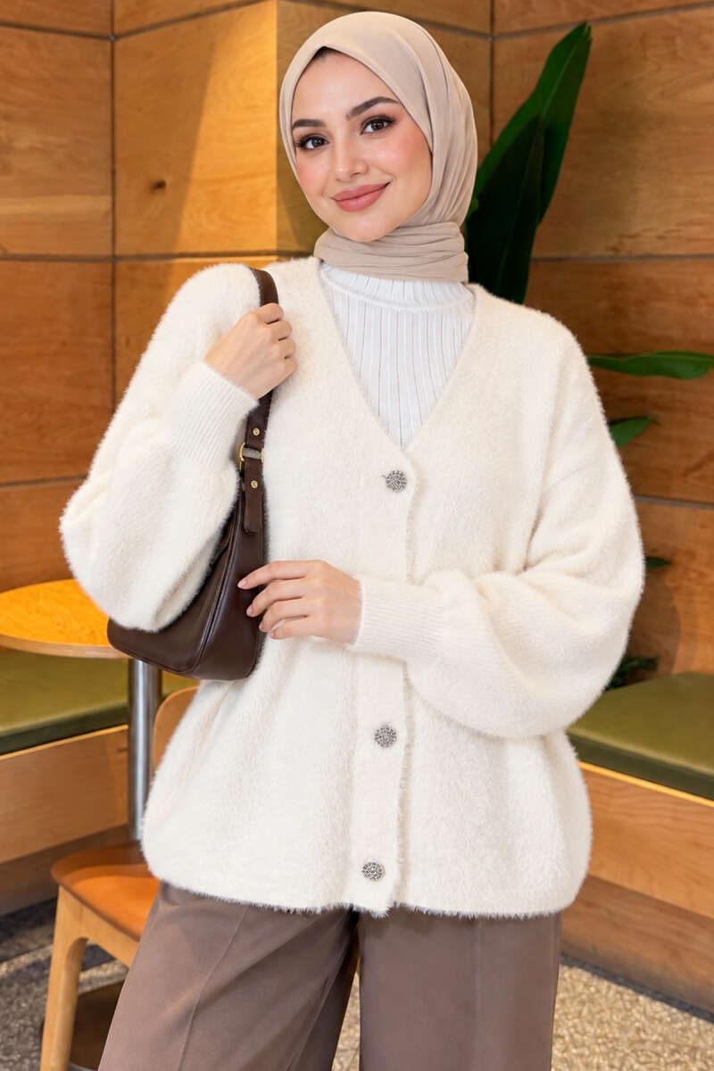 V-Neck Brushed Button Cardigan - Ecru