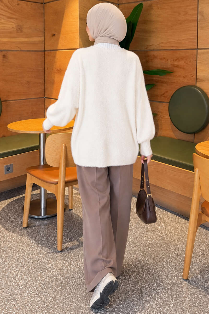V-Neck Brushed Button Cardigan - Ecru