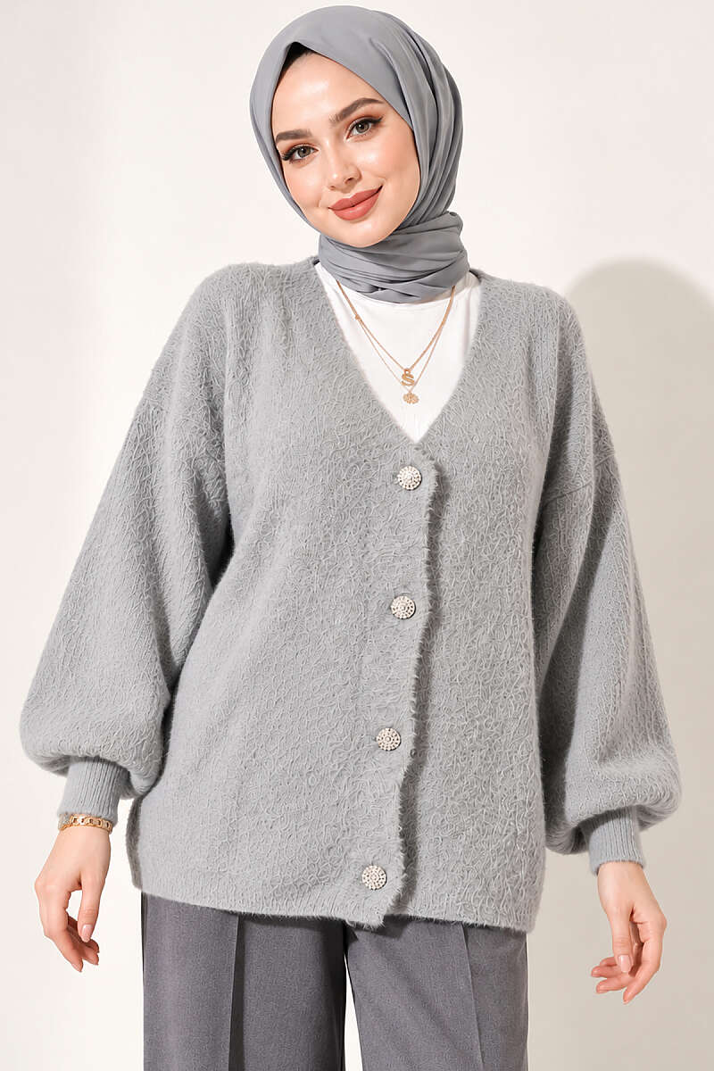 V-Neck Brushed Button Cardigan - Grey