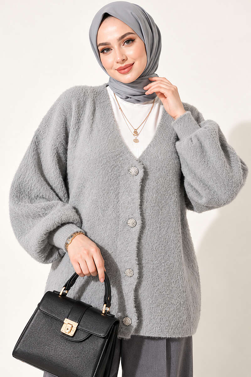 V-Neck Brushed Button Cardigan - Grey