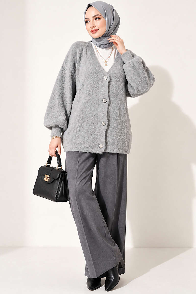 V-Neck Brushed Button Cardigan - Grey