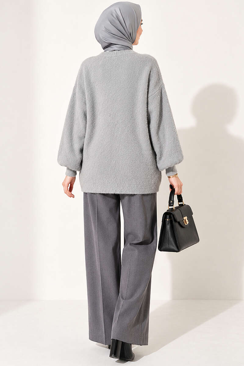 V-Neck Brushed Button Cardigan - Grey