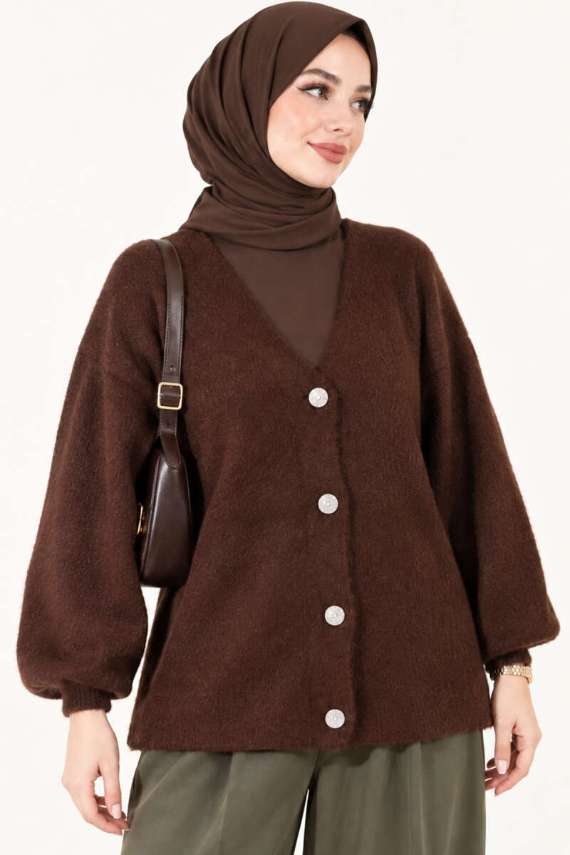 V-Neck Brushed Button Cardigan - Brown