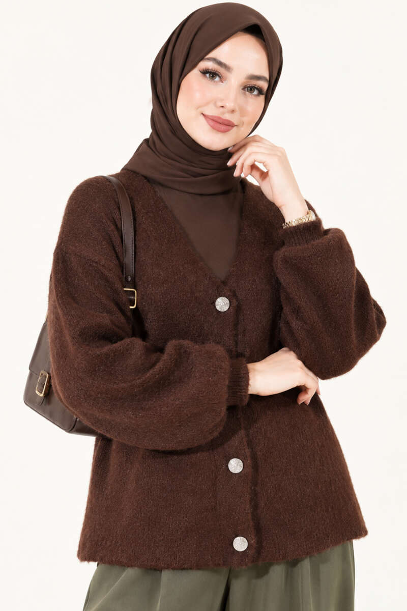 V-Neck Brushed Button Cardigan - Brown