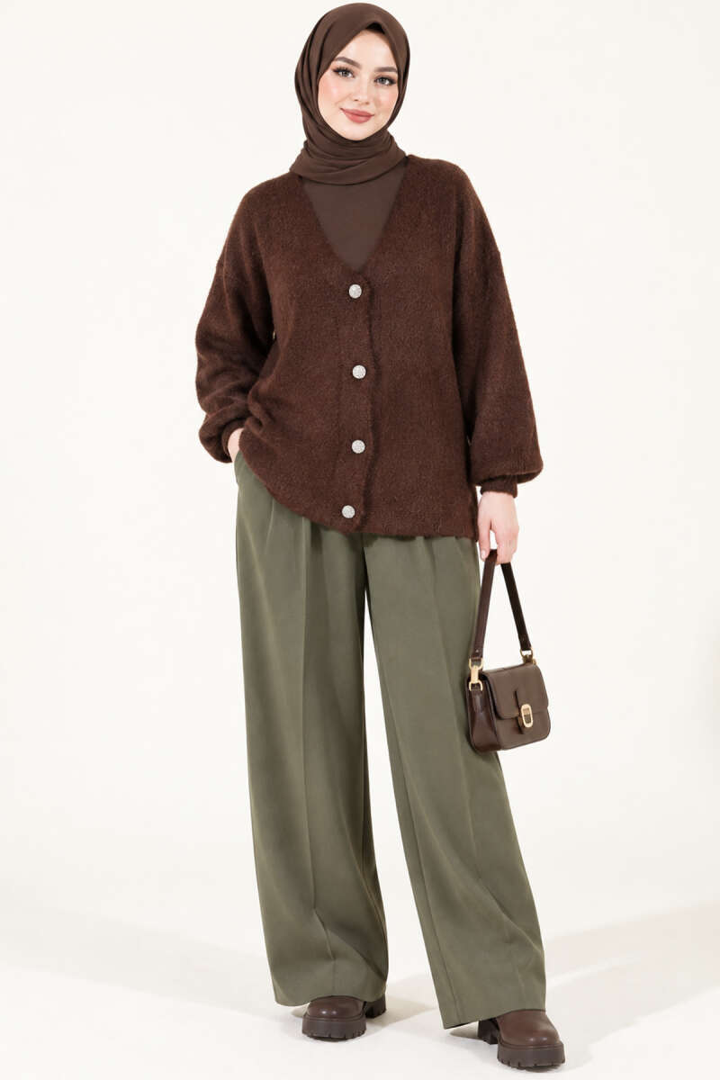 V-Neck Brushed Button Cardigan - Brown