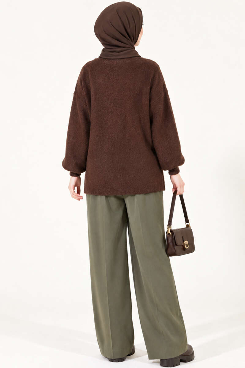 V-Neck Brushed Button Cardigan - Brown