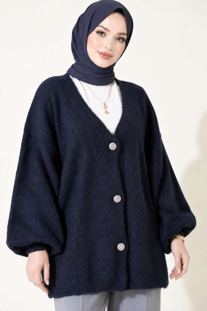 V-Neck Brushed Button Cardigan - Navy