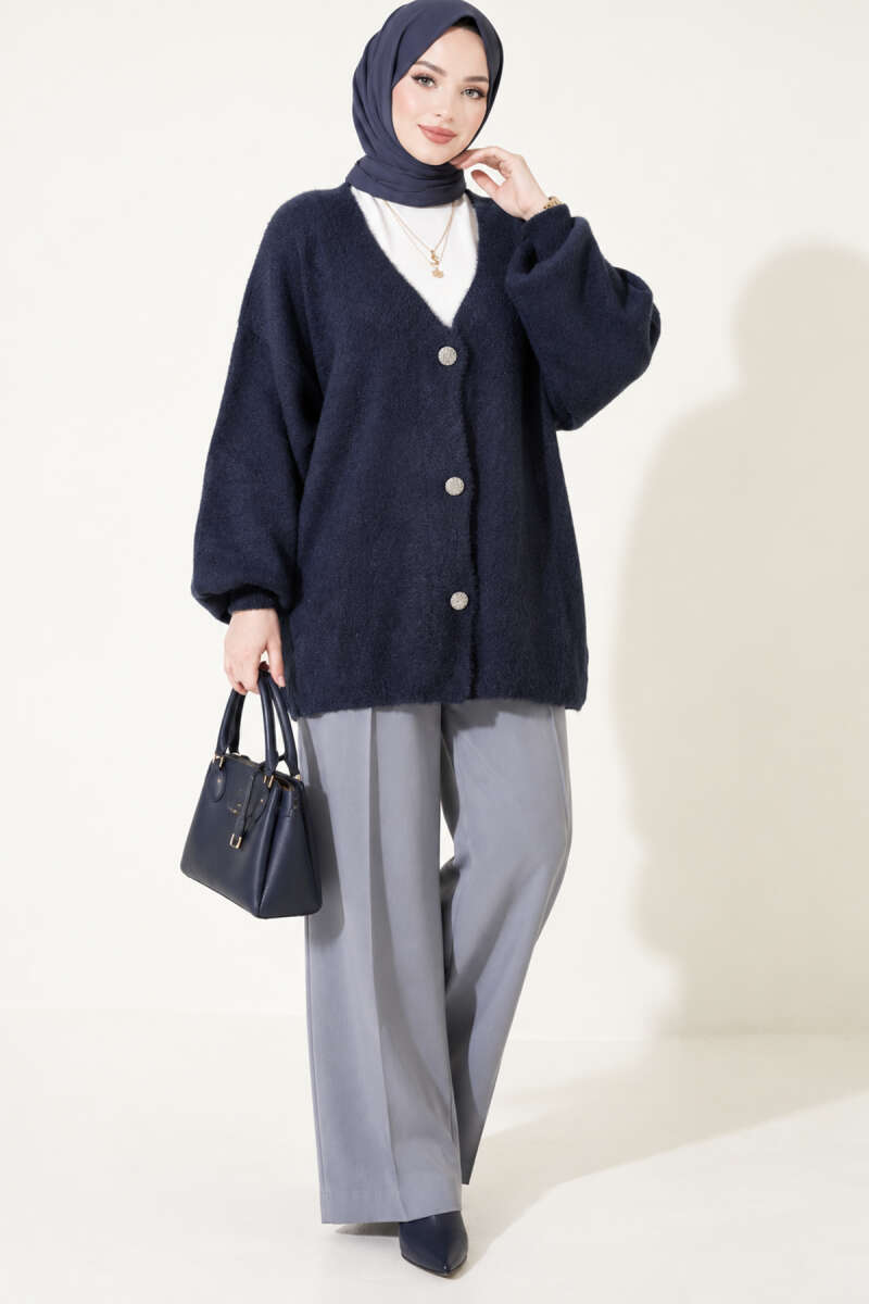 V-Neck Brushed Button Cardigan - Navy