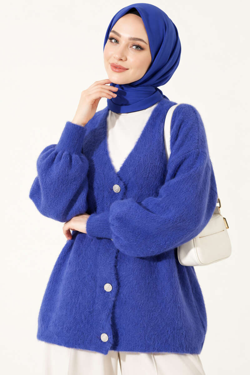 V-Neck Brushed Button Cardigan - Saxe Blue