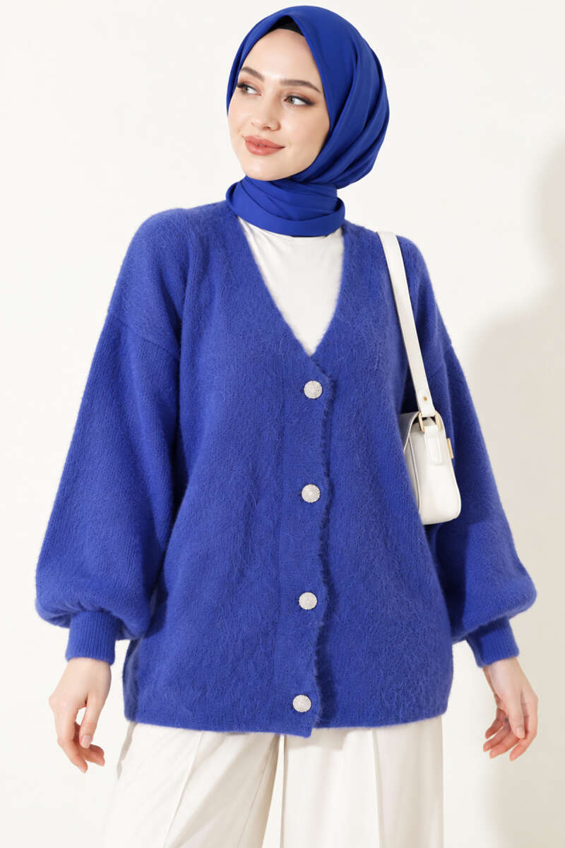 V-Neck Brushed Button Cardigan - Saxe Blue