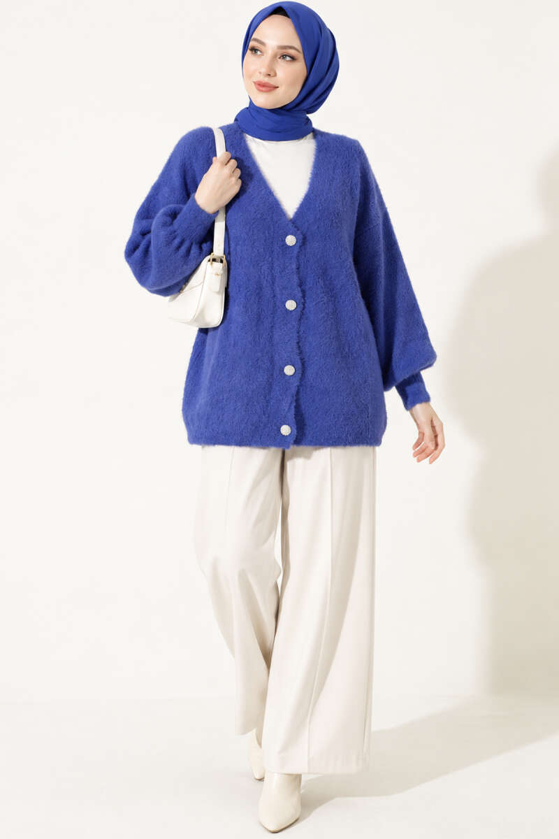 V-Neck Brushed Button Cardigan - Saxe Blue