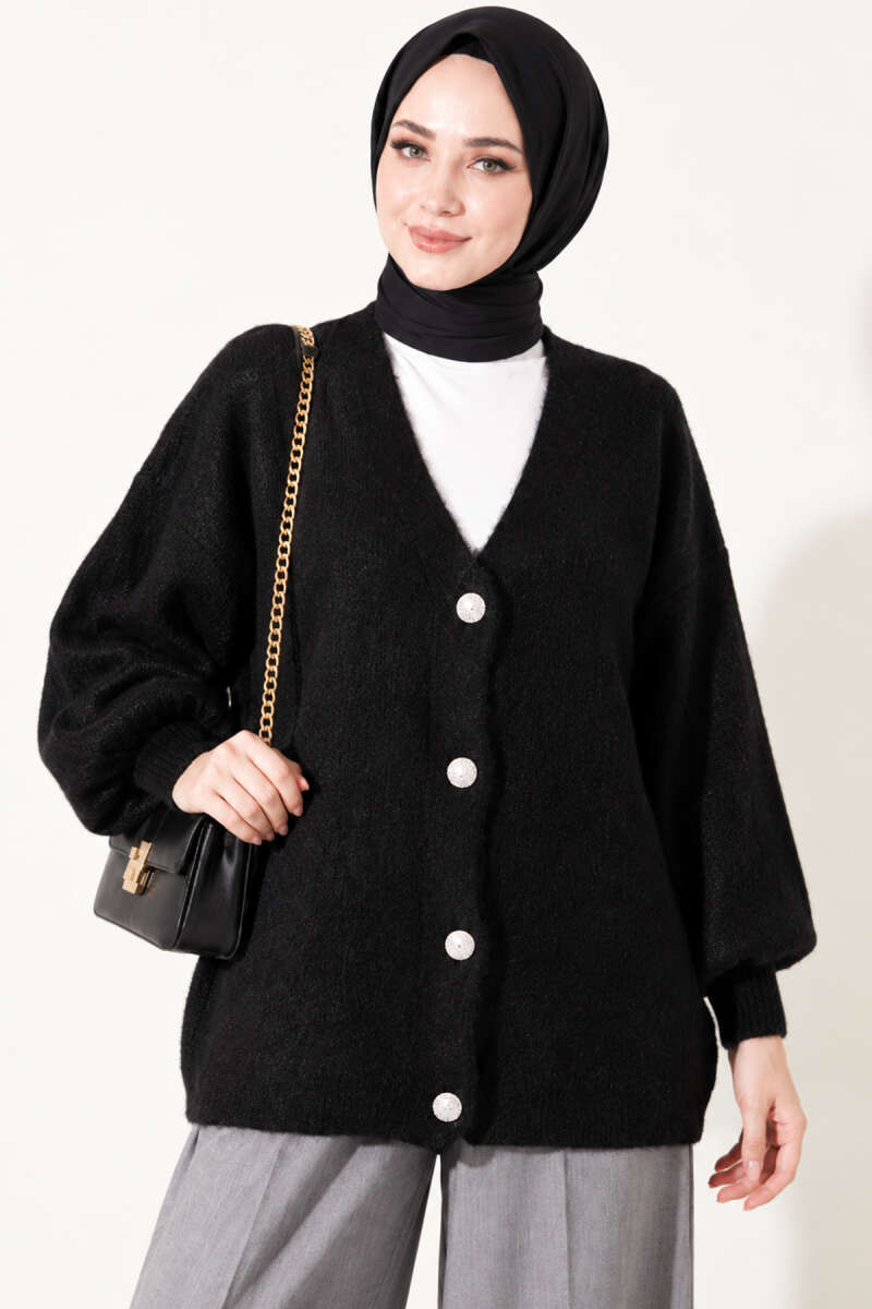 V-Neck Brushed Button Cardigan - Black