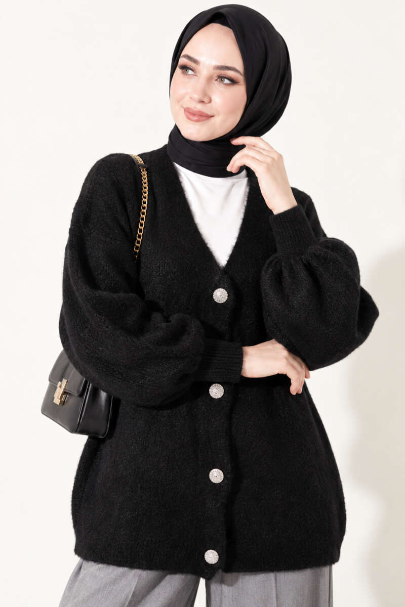 V-Neck Brushed Button Cardigan - Black