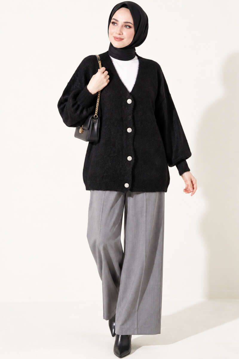 V-Neck Brushed Button Cardigan - Black